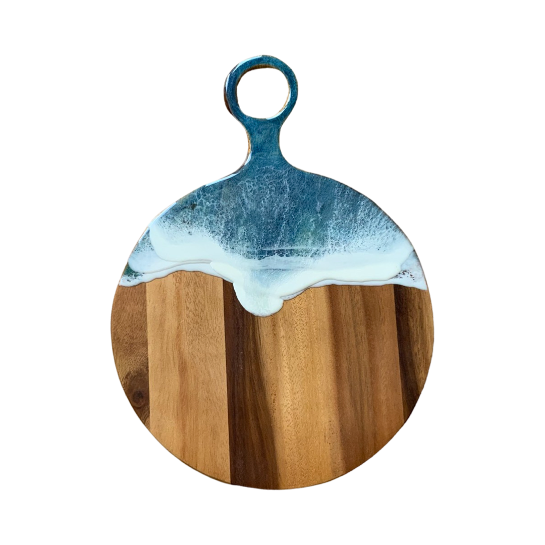 Ocean Resin Charcuterie Board, Blue Waves  Round with Handle 17.5” x 13” x 1/2”